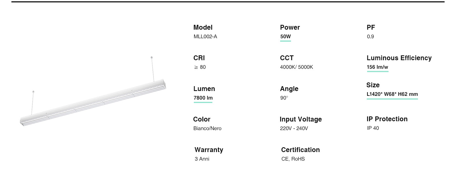 Illuminazione lineare all'ingrosso MLL002-A L0107B 50W/4000K/Bianco- KOSOOM-Lampada Led Sospensione Lineare--ML00202