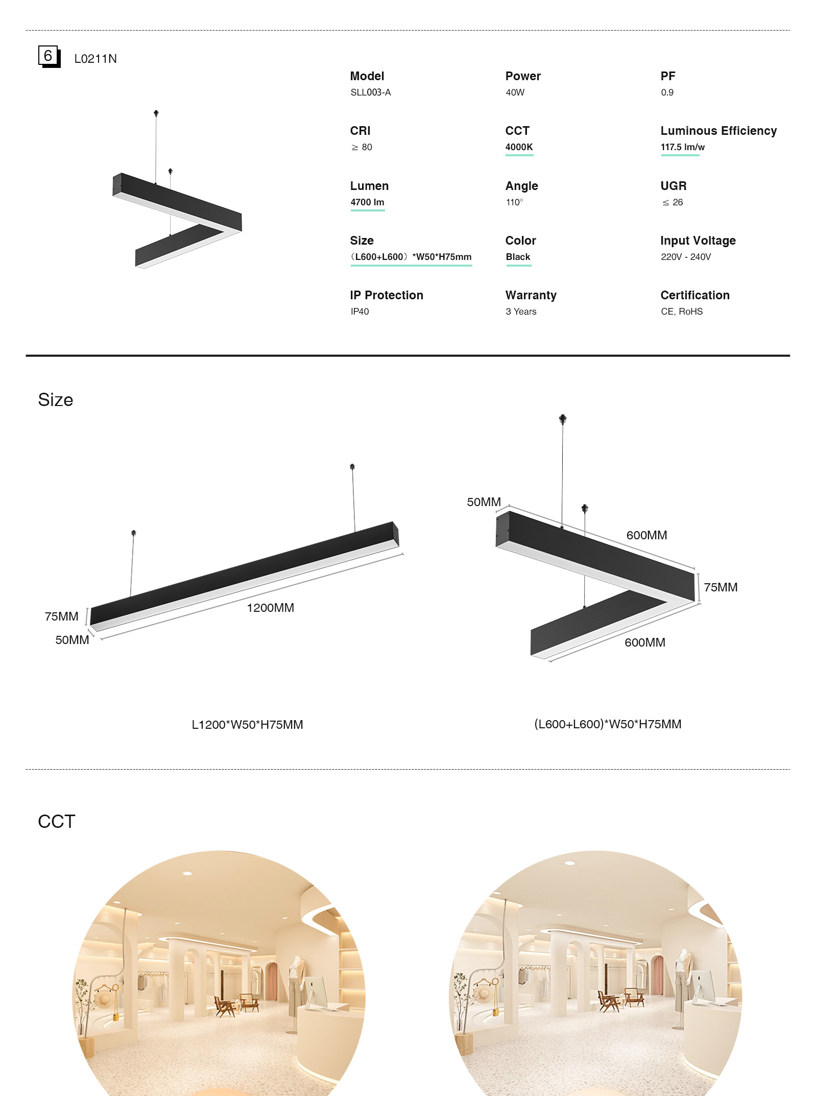 Illuminazione Led Lineare 40W 4000K 5000LM L0211B Garanzia:3anni SLL003-A-KOSOOM-Illuminazione di gallerie--3