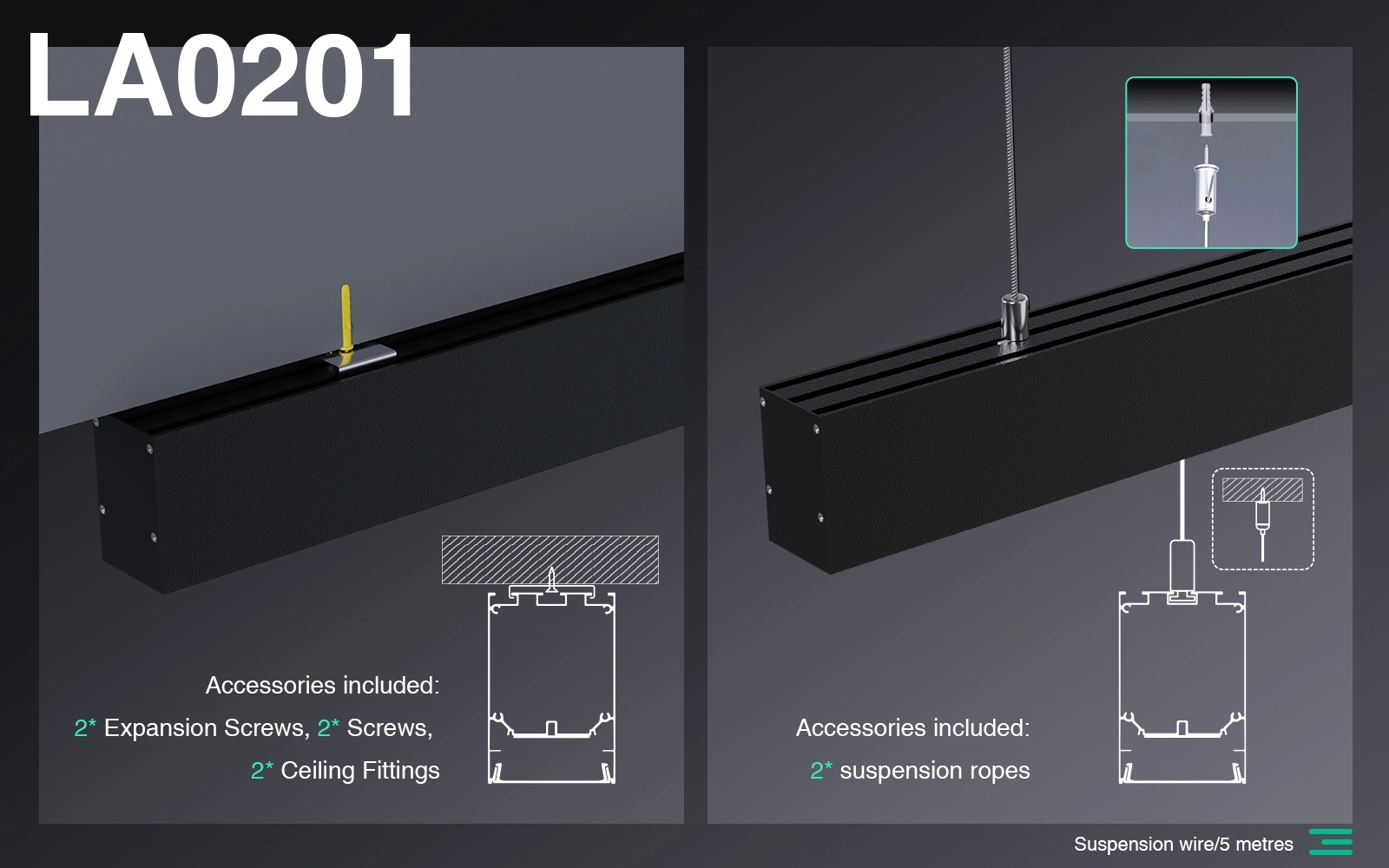 Cavo di sospensione/5 metri per lampade a sospensione lineari a LED SLL003-A-LA0201 di KOSOOM-Accessori-SLL003-LA0201 01