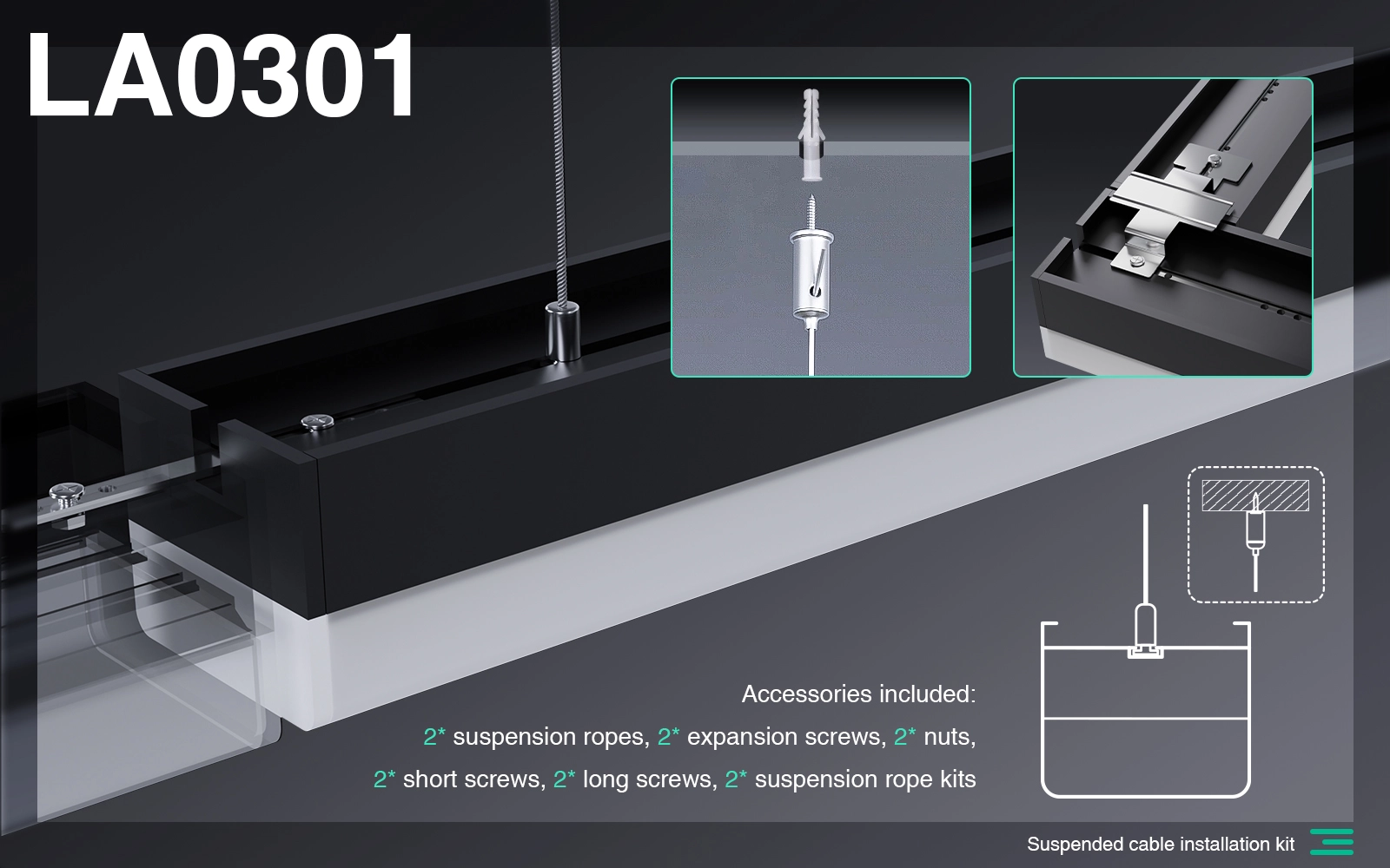 Kit di installazione con cavo sospeso di alta qualità per luci lineari a soffitto a LED MLL003-A LA0301-Kosoom-Accessori--la0301 01