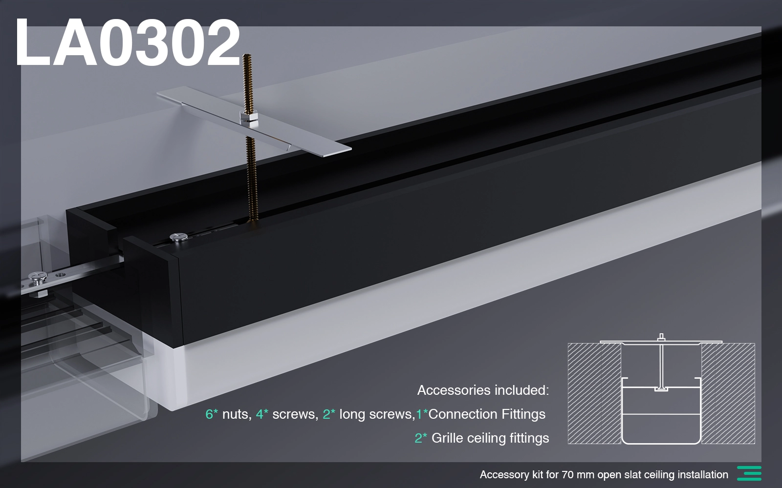 Kit di accessori per l'installazione del soffitto a doghe aperte da 70 mm di alta qualità per luci lineari a soffitto a LED MLL003-A LA0302-Kosoom-Accessori--la0302 01