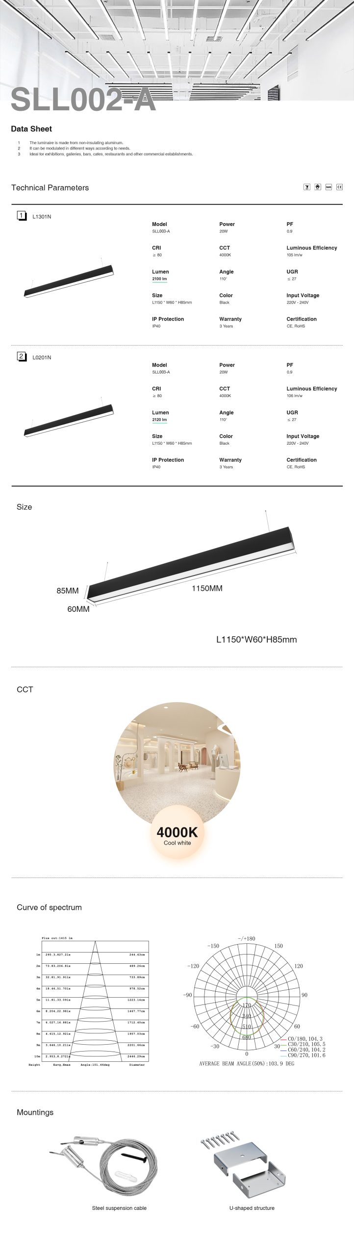 Alta Qualità Lampada Lineare Led Acquista all'Ingrosso 20W 4000K Garanzia:3anni 2120LM 110˚ Angolo CRI≥80 - L1302N-SLL002-A-Kosoom-Luce LED 4000K--规格参数