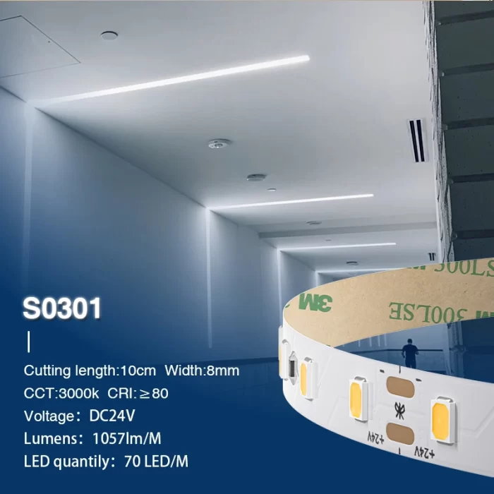 SMD 2835 3000K Ra80 IP20 8W/m 70LEDs/m  Strip LED Cartongesso-Striscia LED IP20--S0301