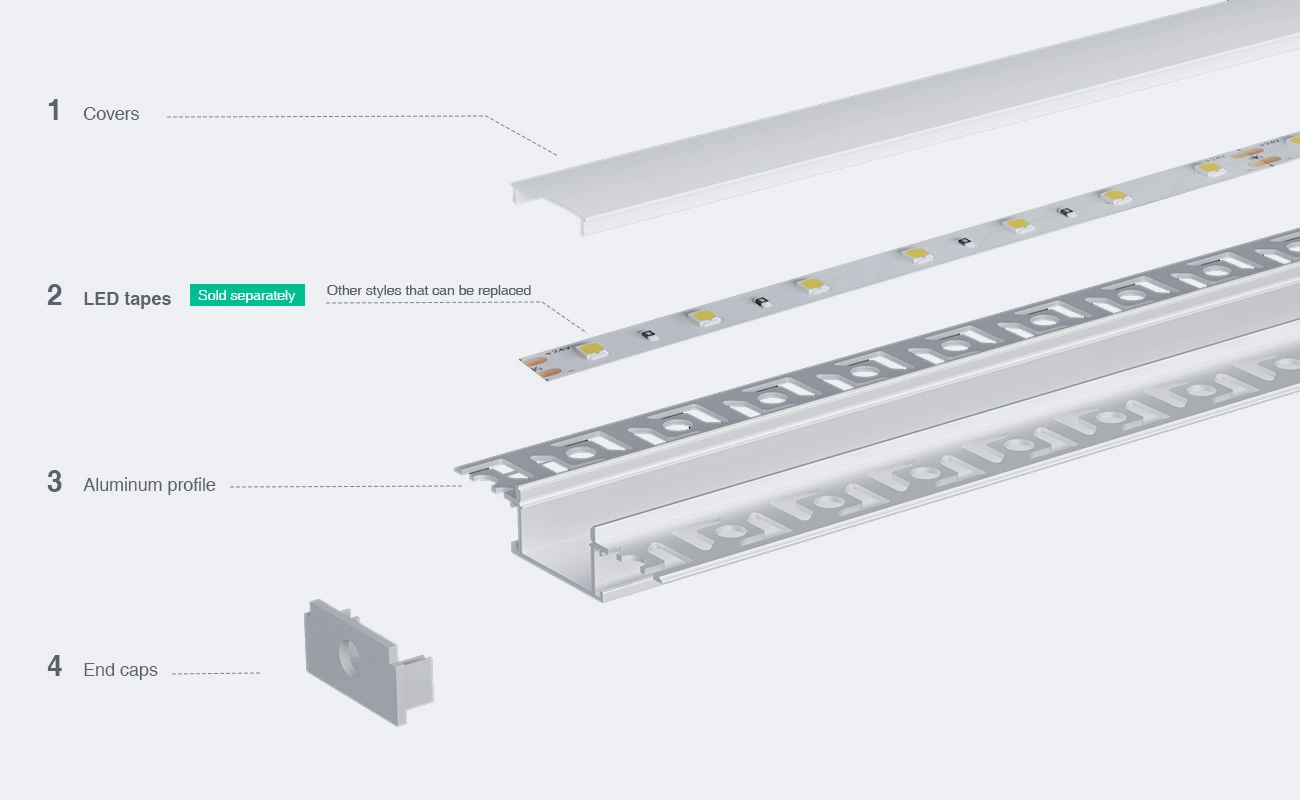 Profilo in alluminio incassato in cartongesso 2m, adatto per strisce LED di diversi produttori, larghezza massima 20mm. L2000x54.2x13.8mm SP44-Profilo Alluminio LED--03 22