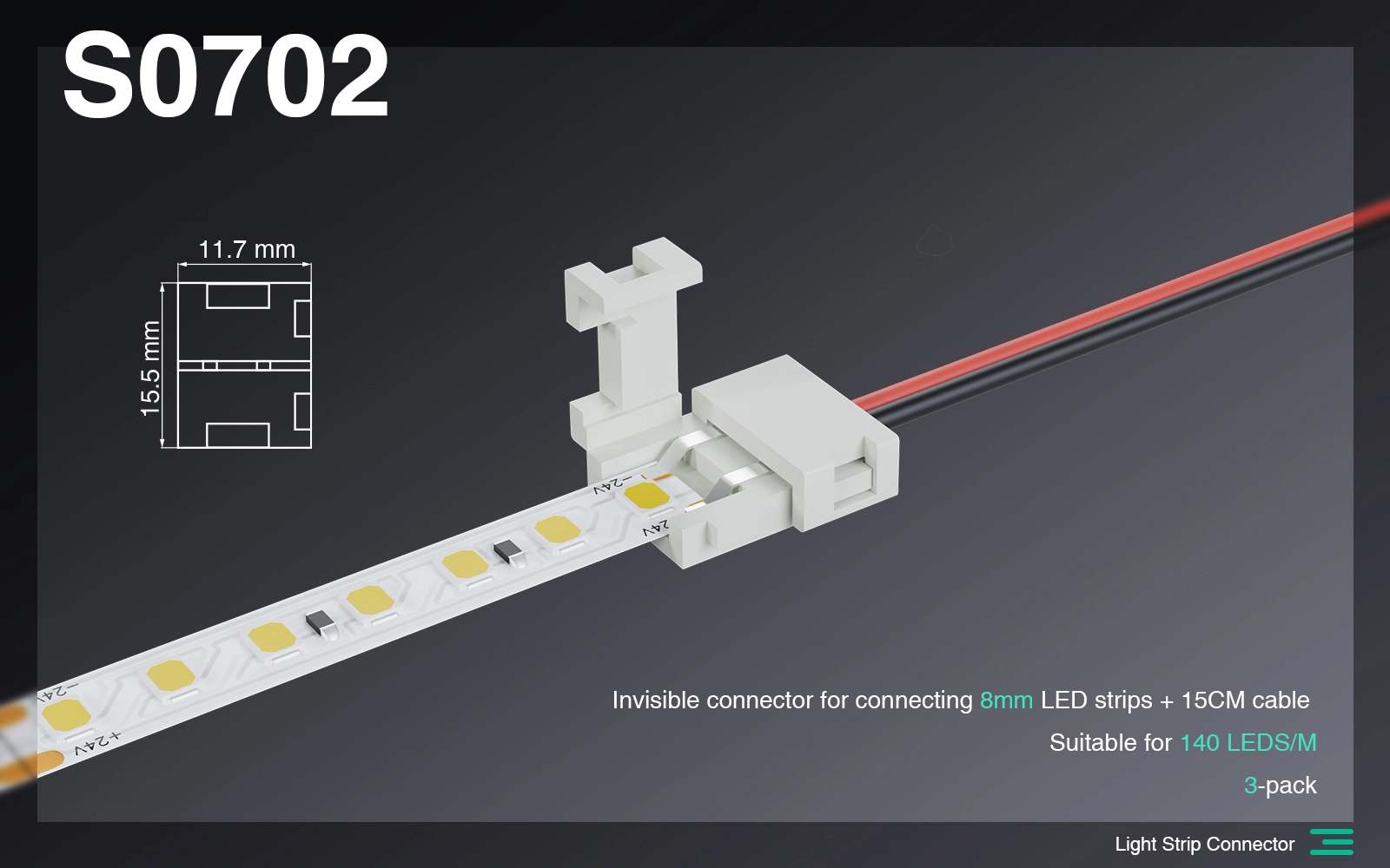 S0702 Connettore invisibile per collegare strisce led 8mm + cavo da 15CM  /Adatto per 140 LEDS-Strisce LED Camera da Letto--S0702 01