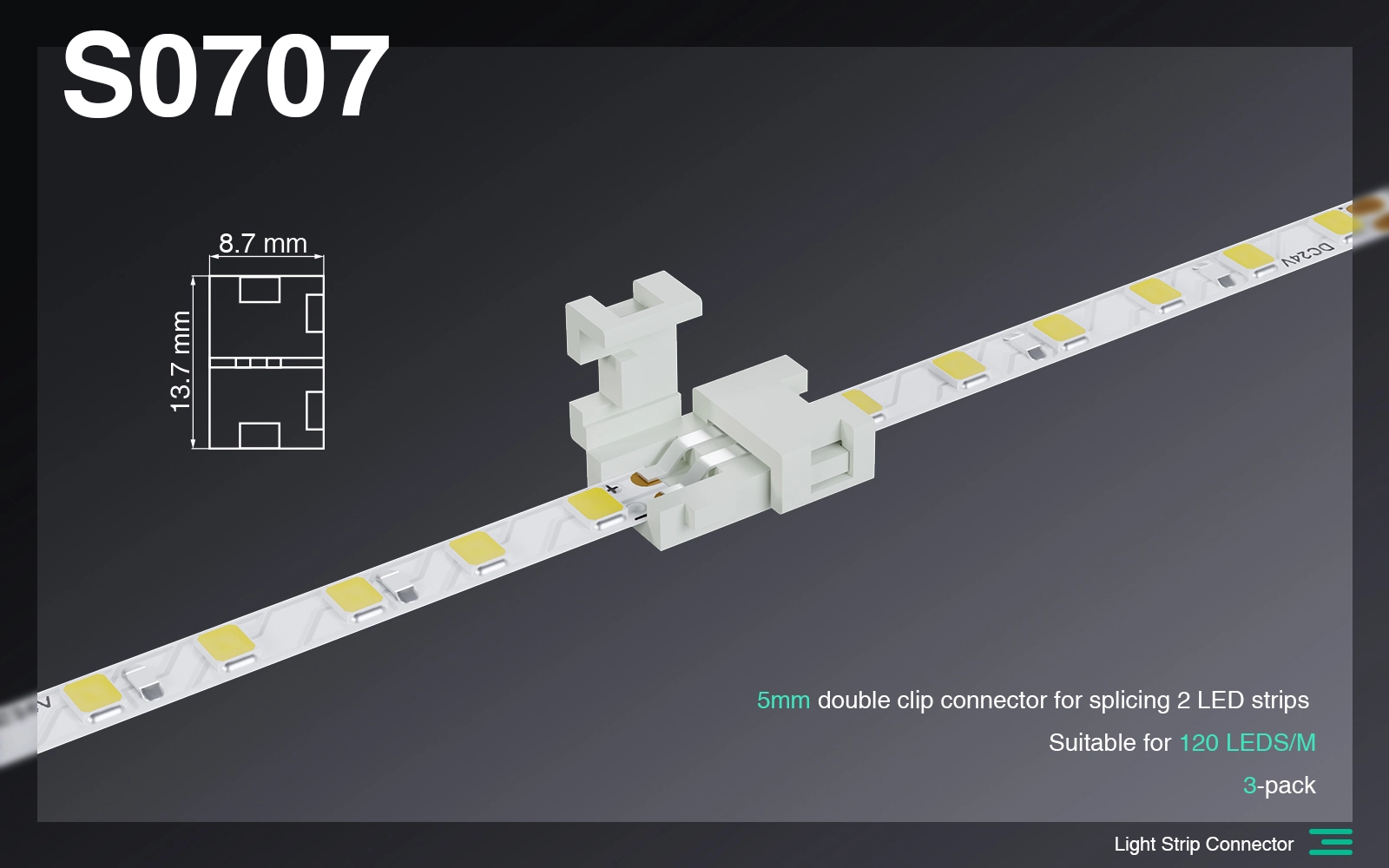 S0707 Connettore 5MM  doppio clip per giuntare 2 Strip LED /Adatto per 120 LEDS-Striscia a LED per Interni--S0707 01